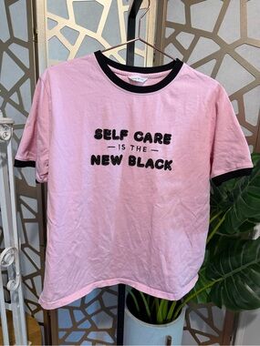 Dash of Pep Self Care Is the New Black Pink Graphic Tee XL Beaded Sequin Top